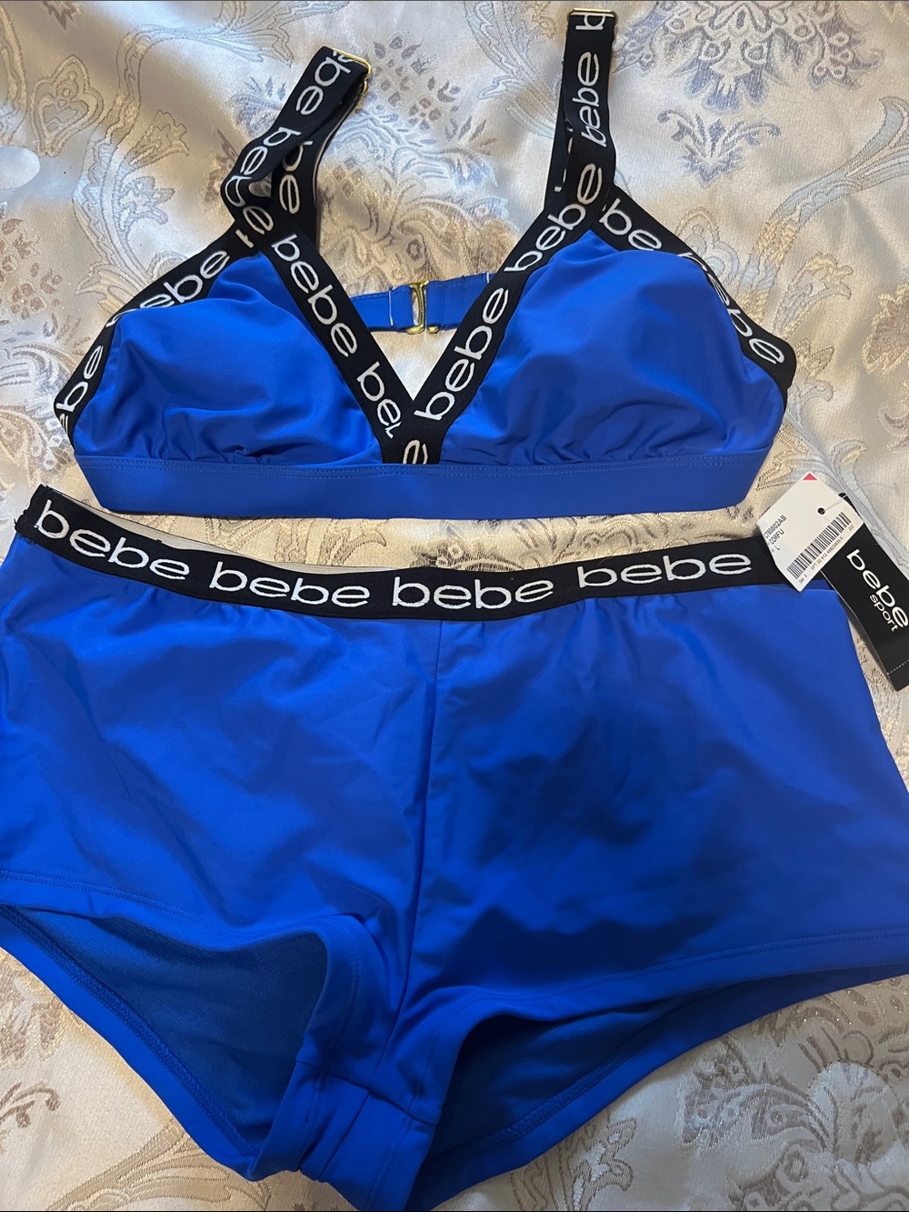 bebe Electric Blue Logo Bikini Bralette and Boyshorts Set